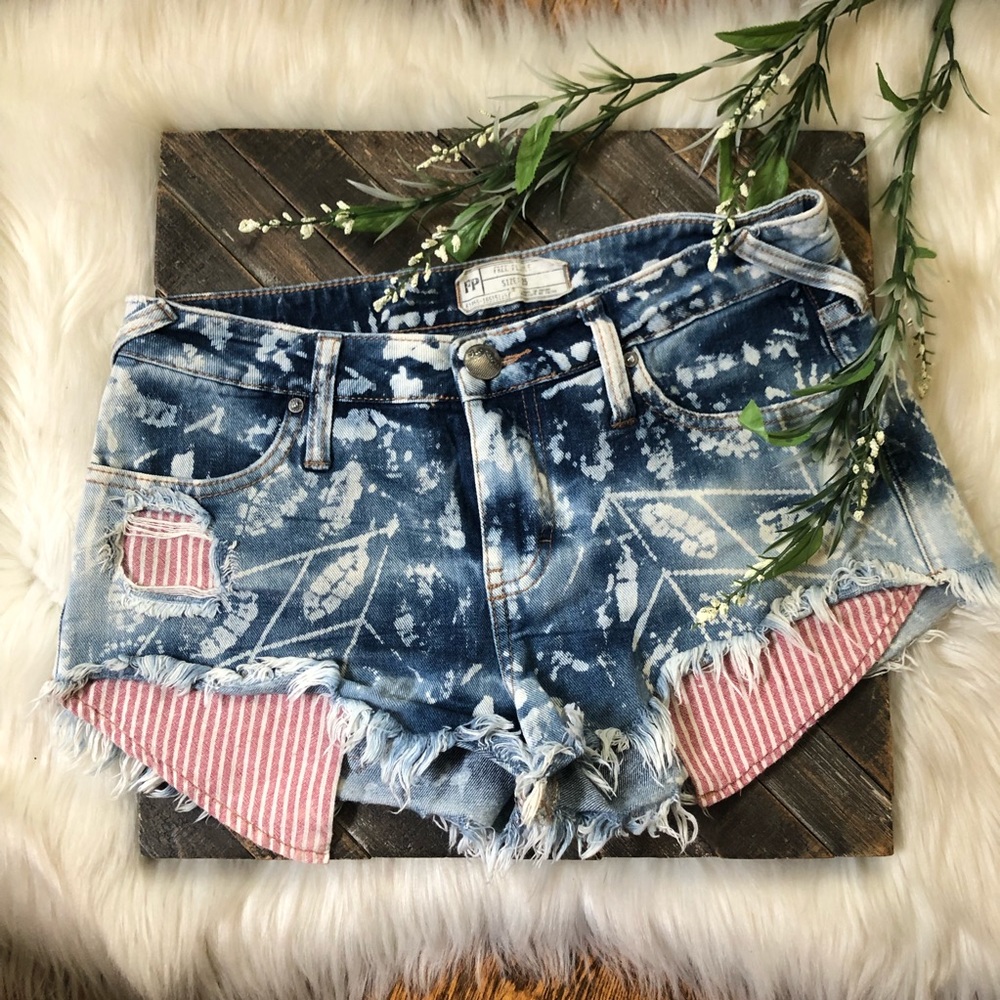 Free People Blue Striped Bleached Cut Off Shorts